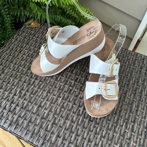 Stylish White and Tan Wedge Sandals